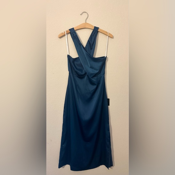 NWT Truly Picturesque Dark Teal Blue Satin Cross-Front Open Back Midi Dress - Picture 4 of 7